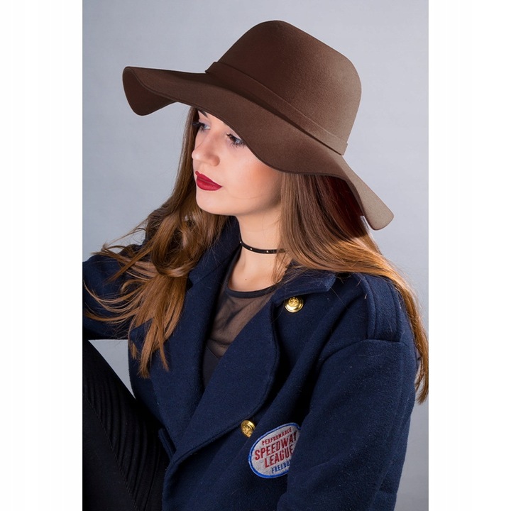 KAPELUSZ DAMSKI FILCOWY Z DUŻYM RONDEM BRĄZ BOHO brązowy