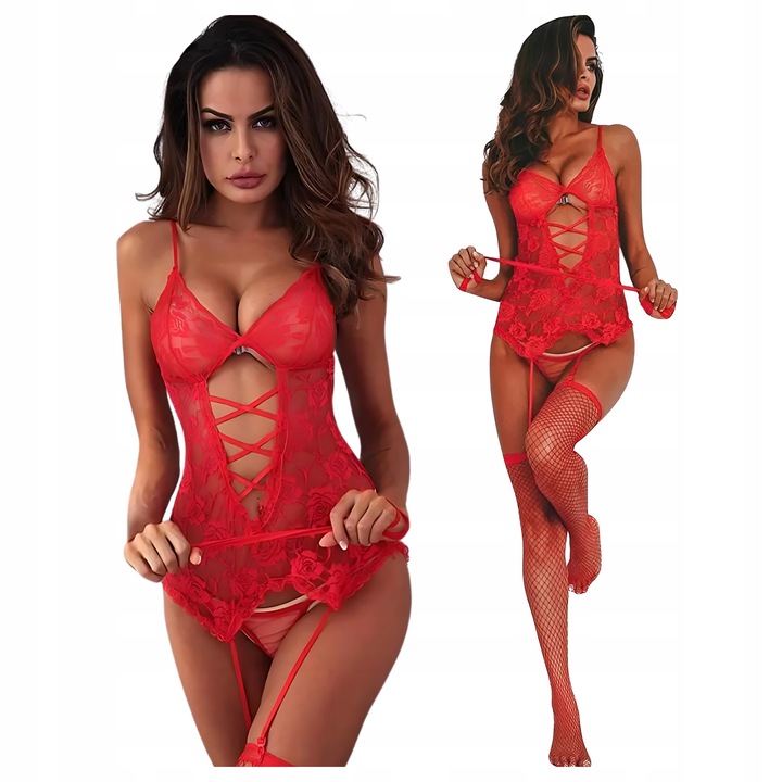 BIELIZNA DAMSKA EROTYCZNA KORONKOWE BODY + POŃCZOCHY + PASKI + STRINGI