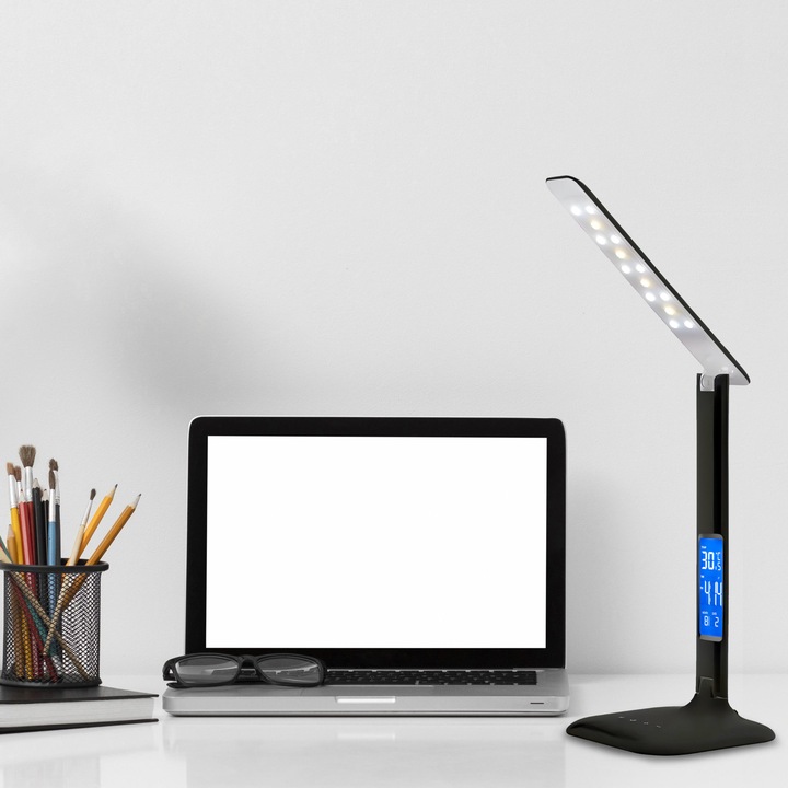 LAMPKA LED BIURKOWA SZKOLNA BIURKO WYŚWIETLACZ LCD ZEGAR DATA TEMPERATURA