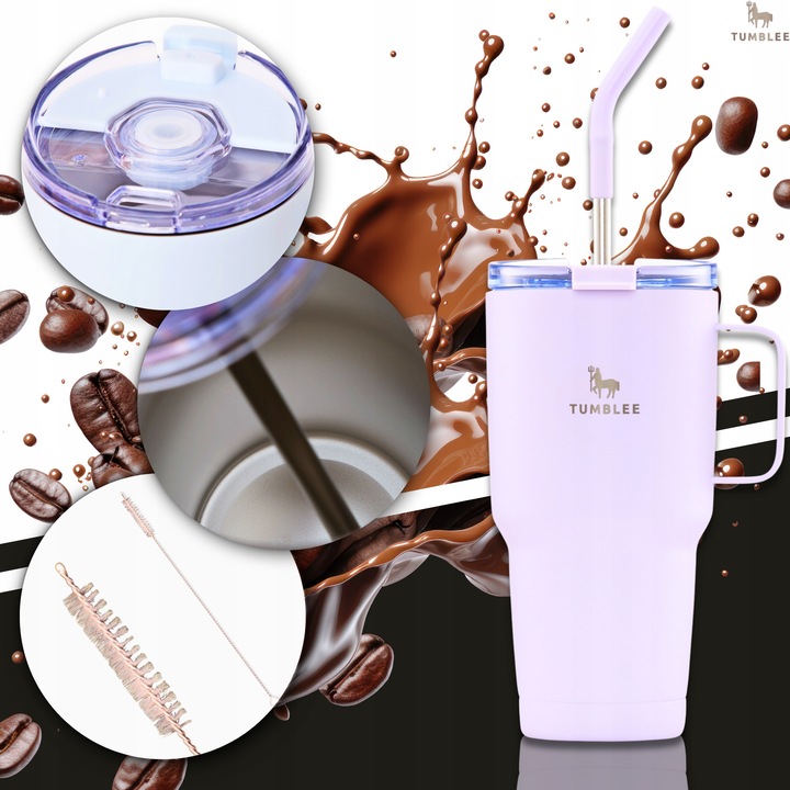 MOCNY Kubek Termiczny ze Stalową Słomką i Uchwytem na Kawę Herbatę 900ml