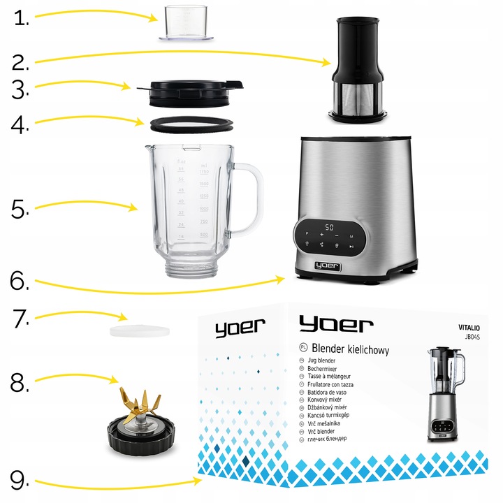 Blender kielichowy automatyczny Yoer 2,4L 2200W Tritan +INOX +Sito do