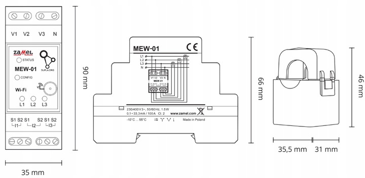 ZAMEL Monitor Licznik Energii Elektrycznej Prądu Wi-Fi 3F+N SUPLA