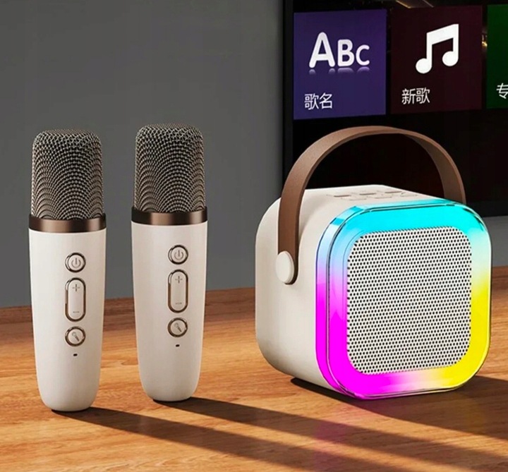 PRZENOŚNY GŁOŚNIK BLUETOOTH KARAOKE 2 MIKROFONY ZESTAW USB SD MINI JACK RGB