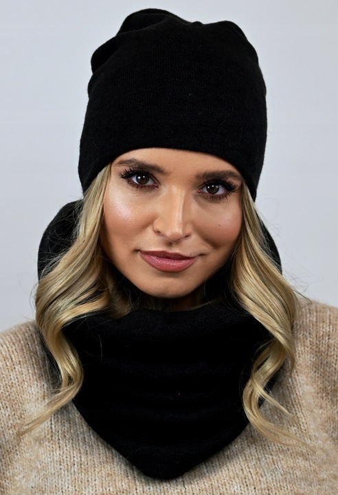 POLSKI Komplet CZAPKA + KOMIN Tunel Szal - CZARNY komplet damski na