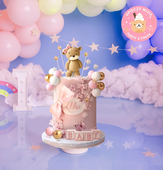 CALY Zestaw dekoracji na tort – MIS z różową kokardką + napis BABY ROCZEK
