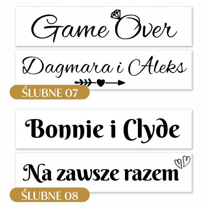 Tablice samochodowe na wesele 50x11cm złote czarne napisy ŚLUB WESELE WZORY