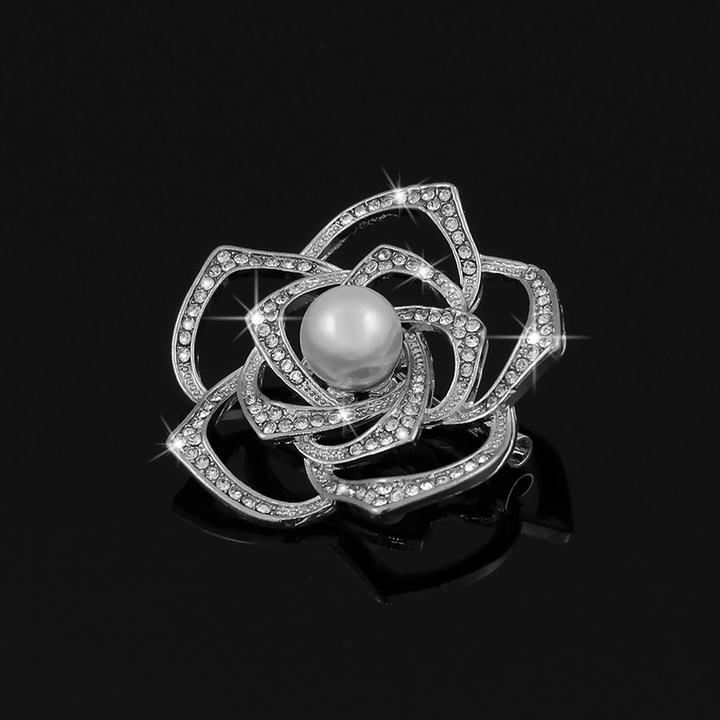 BROSZKA RÓŻA SREBRNA Z PERŁĄ I CYRKONIAMI