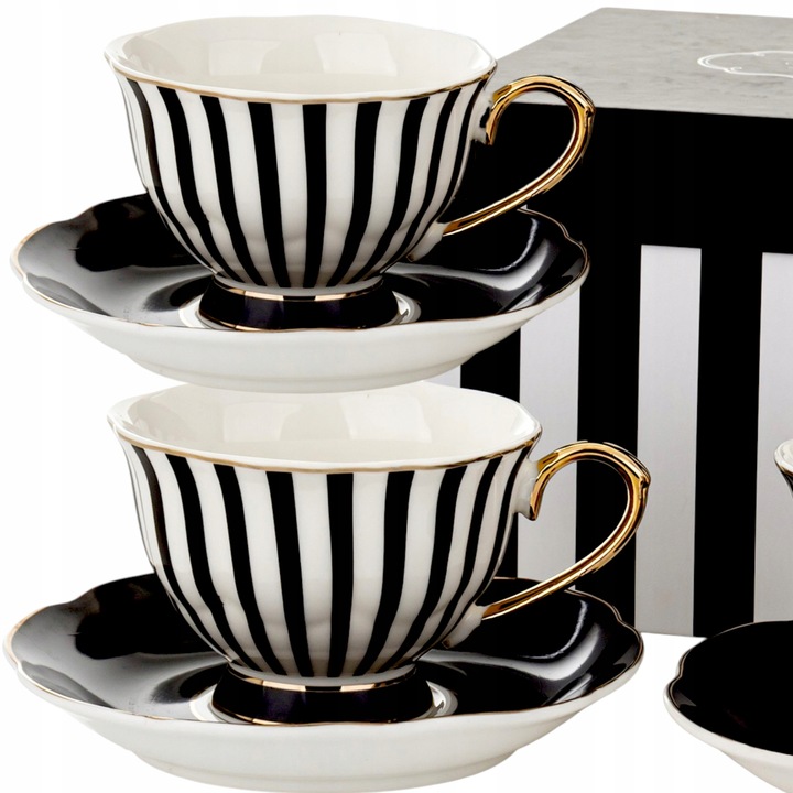 Komplet filiżanek porcelanowych 220 ml 2szt. biało-czarne złote zestaw