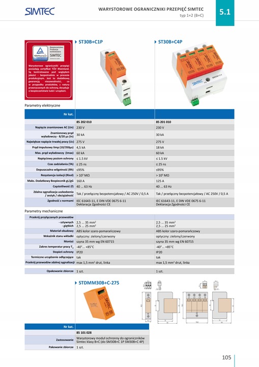 Ogranicznik przepięć warystorowy typ 1+2 4P 230V IP20 Simet 85201010