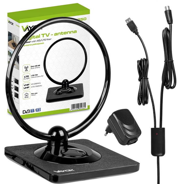 ANTENA POKOJOWA DVB-T2 AKTYWNA DO TV NAZIEMNEJ WZMACNIACZ 4K LTE MUX8 VAYOX
