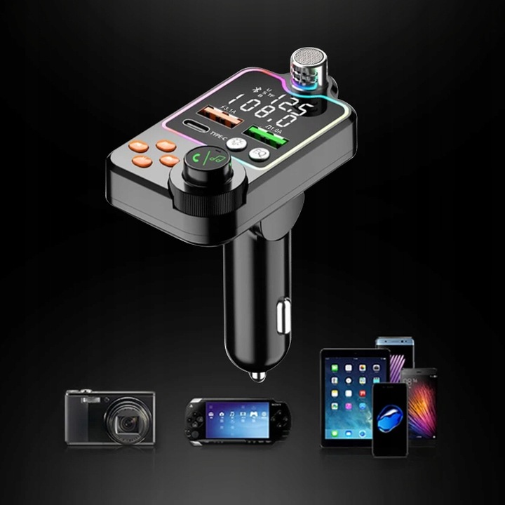 TRANSMITER BLUETOOTH SAMOCHODOWY BT 5.0 ŁADOWANIE QC 3x USB RGB AUDIO FM