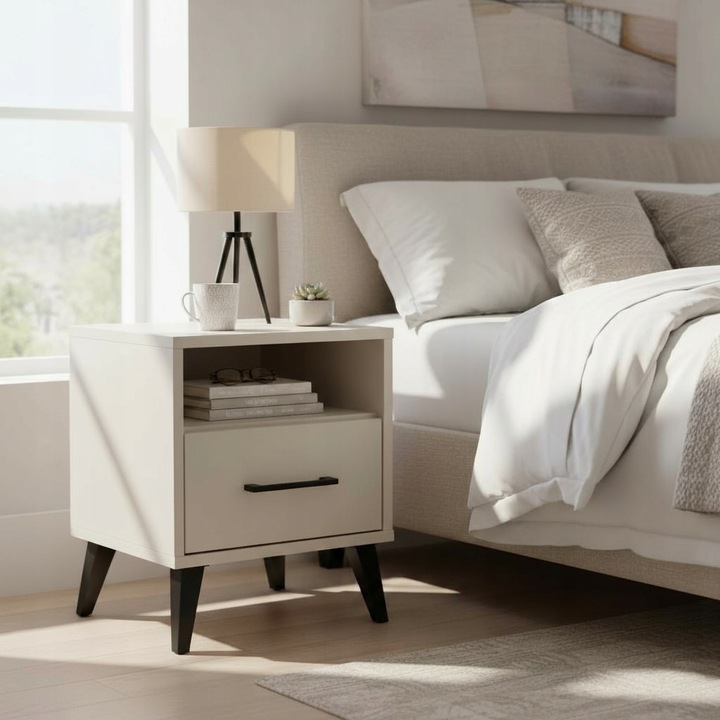 SZAFKA NOCNA KASZMIR BEŻOWY STOLIK NOCNY SZUFLADA LED Z PÓŁKĄ DO