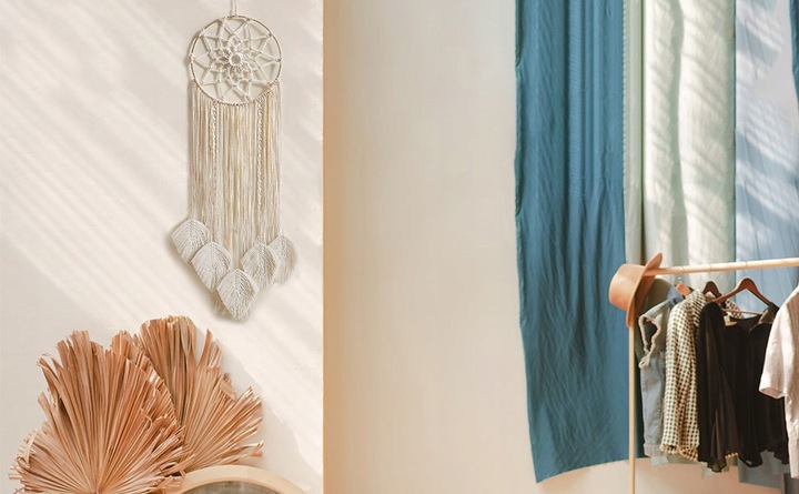 MAKRAMA NA ŚCIANĘ BOHO ŁAPACZ SNÓW OZDOBA ŚCIENNA ZE SZNURKA LIŚCIE OZDOBNE