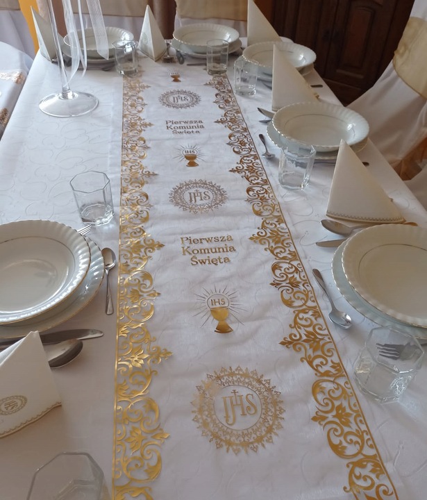 BIEŻNIK KOMUNIJNY ZŁOTY OBRUS NA STÓŁ KOMUNIA DEKORACJA INSPIRACJA