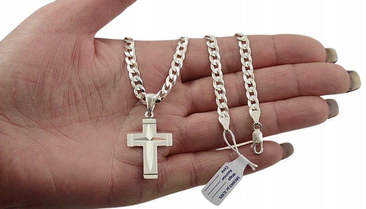 Łańcuszek Srebrny Męski Pancerka Diamentowany Krzyżyk pr 925 Grawer Gratis