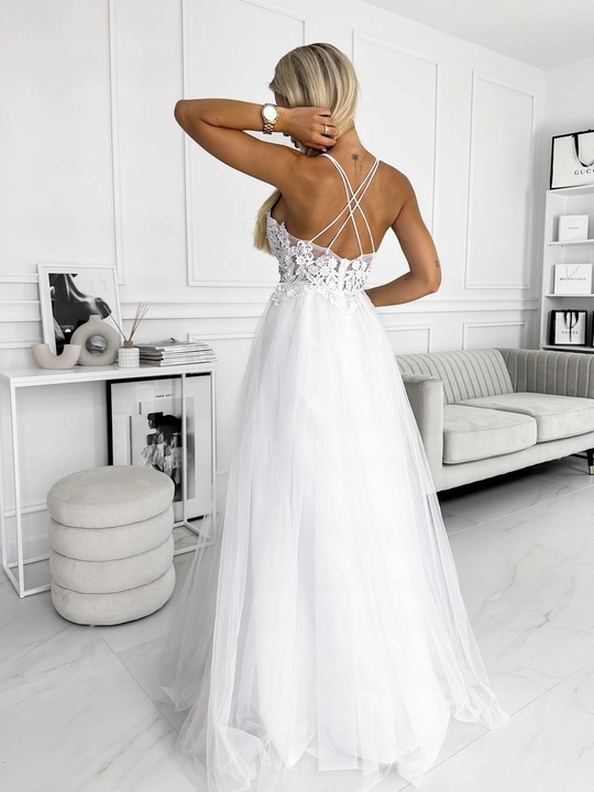 Jolie BIAŁA DŁUGA SUKIENKA z GIPIURĄ ślubna XS