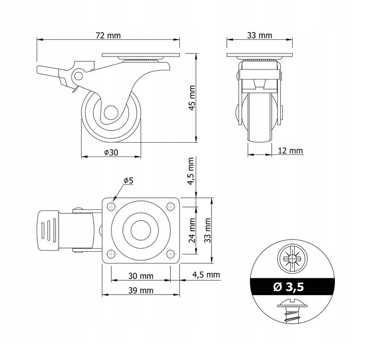 Kółko meblowe obrotowe, czarne, hamulec - zestaw