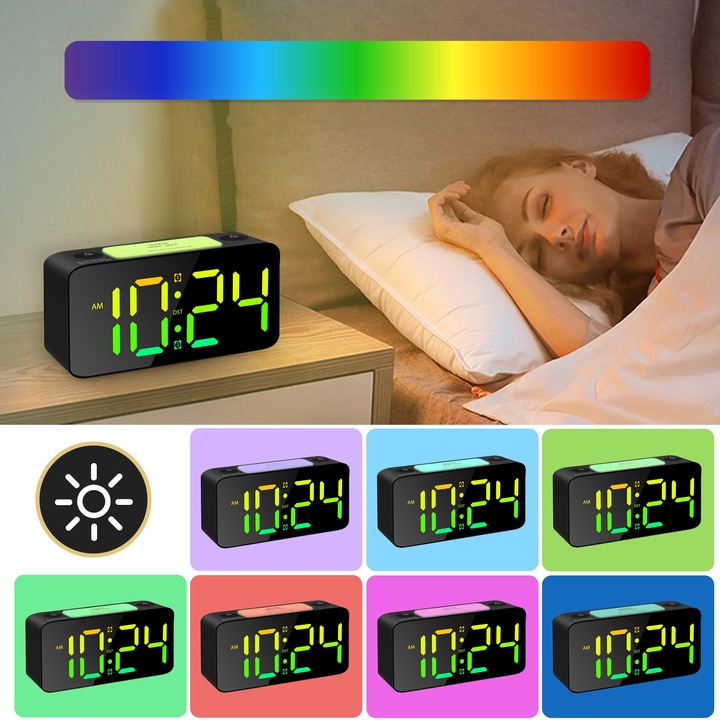 ELEKTRONICZNY BUDZIK LED ZEGAR STOŁOWY STOJĄCY RGB GŁOŚNY CZAS ALARM LAMPKA