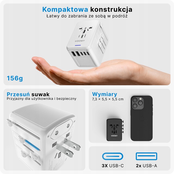 Adapter Podróżny VOOMY Y29 Z Ponad 170 Narodów - 2 Usb A 3 Usbc Biały