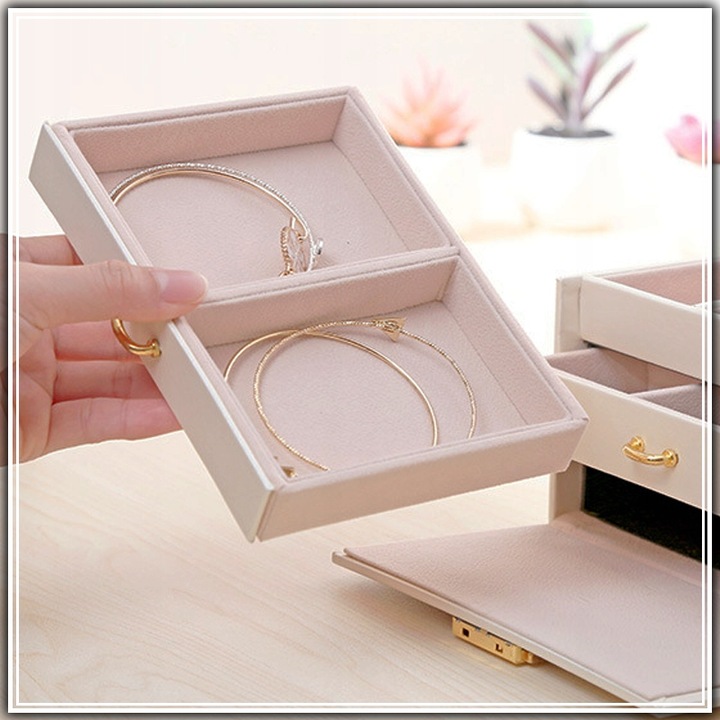 SZKATUŁKA KUFEREK NA BIŻUTERIĘ POJEMNY ELEGANCKI PUDEŁKO Z LUSTERKIEM BIAŁE