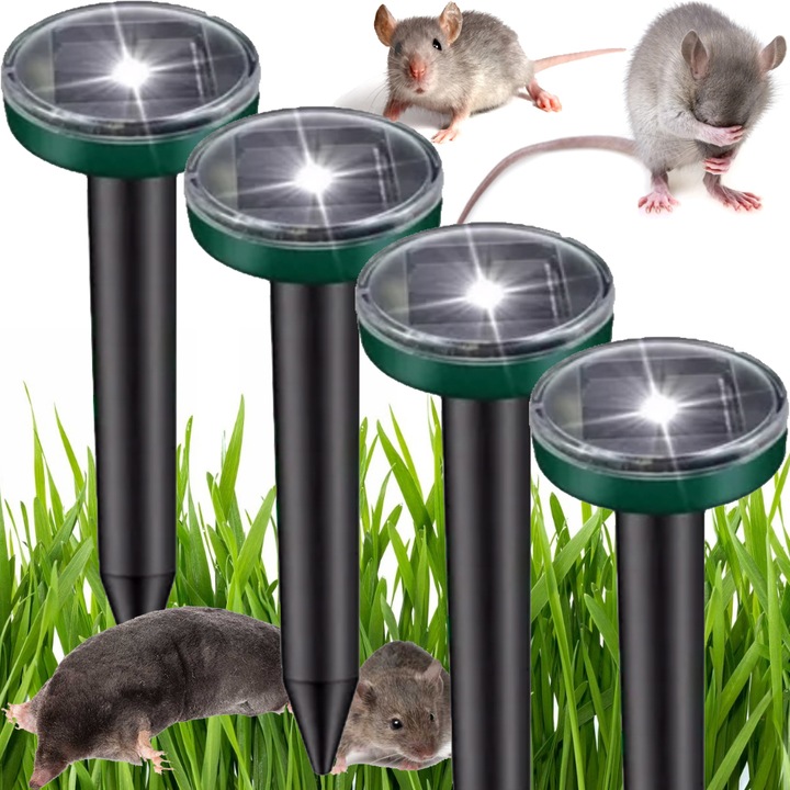 DUŻY Zestaw 4x ODSTRASZACZ na KRETY MYSZY KUNY GRYZONIE SOLARNY ZASIĘG