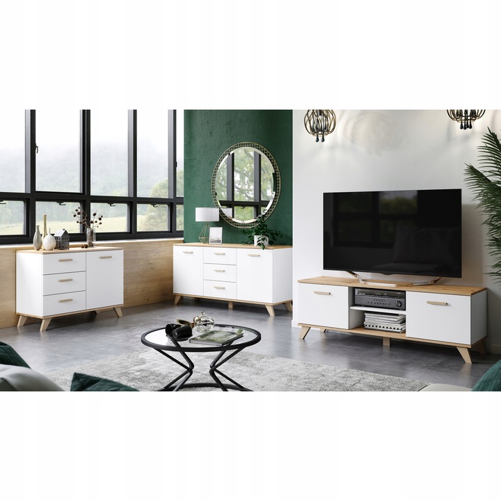 Komoda Szafka BIAŁY MAT Pojemna Dąb Wotan Szuflady Drzwi Salon 120cm