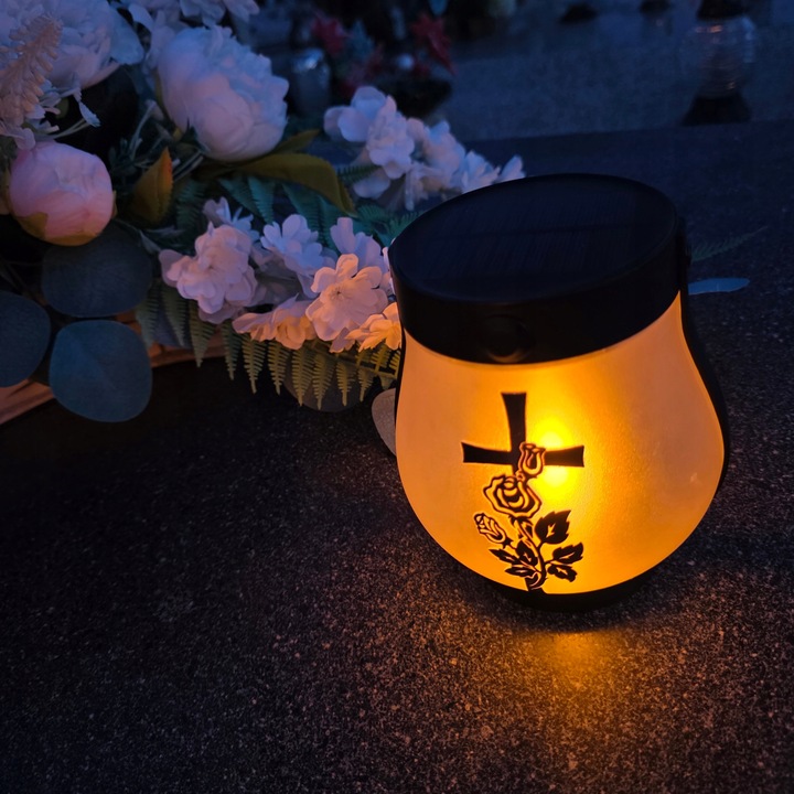 ZNICZ SOLARNY LED LAMPION NA GRÓB STATUETKA NA CMENTARZ RÓŻA KRZYŻ NAGROBNY
