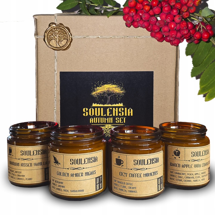 Zestaw Jesień Świece Sojowe na prezent w słoiku, handmade, 4x Świeca 100 ml