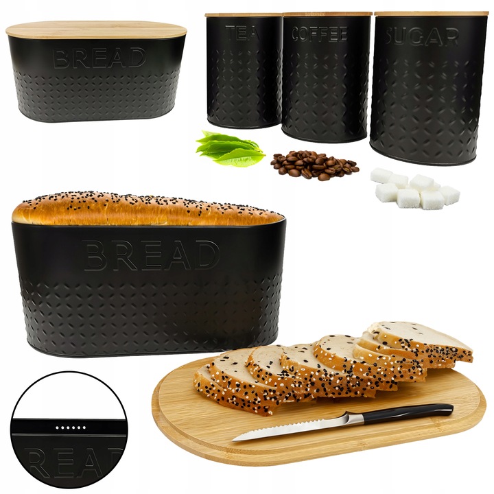ZESTAW 5w1 CHLEBAK POJEMNIK NA KAWA CUKIER HERBATA DESKA KROJENIA CHZ03