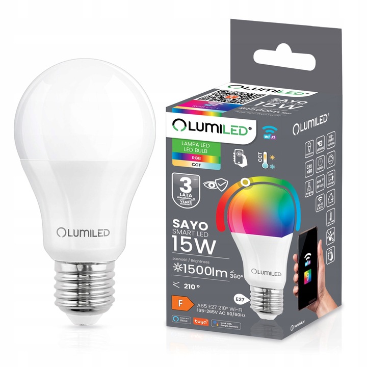 Żarówka LED E27 A65 15W=100W TUYA RGB Ściemnialna Inteligentna WiFi