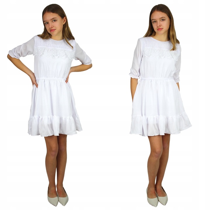 Sukienka BIAŁA Komunia KORONKA Z Falbanką 134