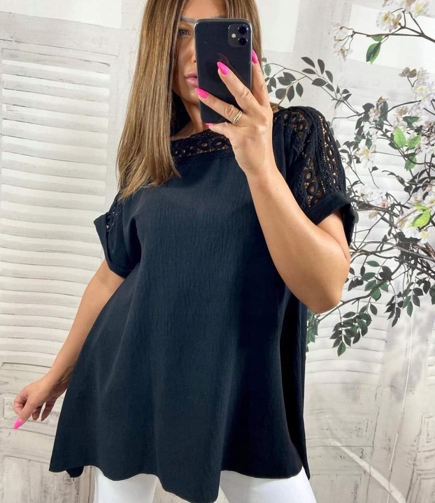 Tunika Luźna Damska Koronka Oversize Duże Rozmiary Czarna rozmiar 54