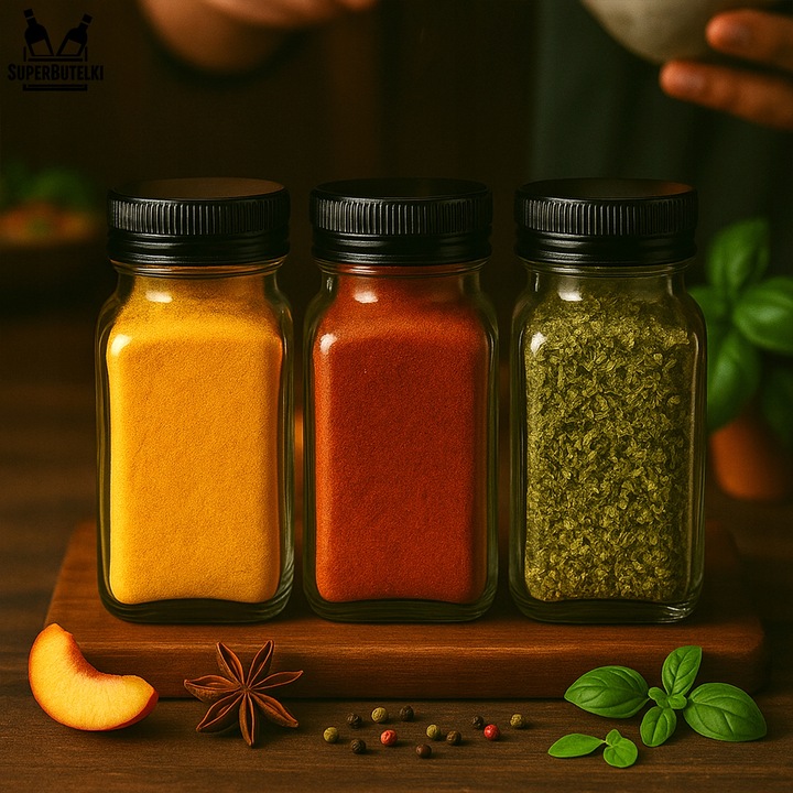 12x SZKLANE POJEMNIKI na PRZYPRAWY SŁOICZKI 120 ML PROSTOKĄTNE z SITKIEM