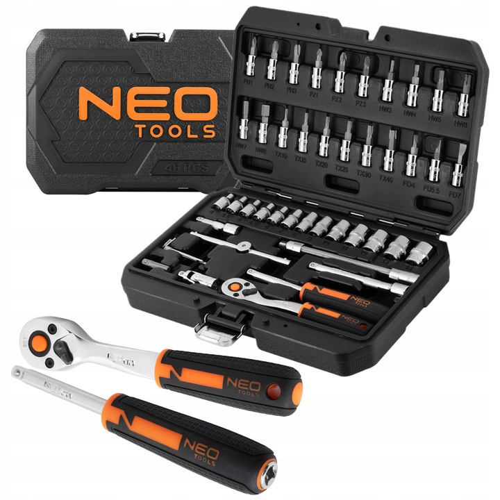 NEO TOOLS KLUCZE NASADOWE, 1/4”, CrV, ZESTAW 46szt 10-004