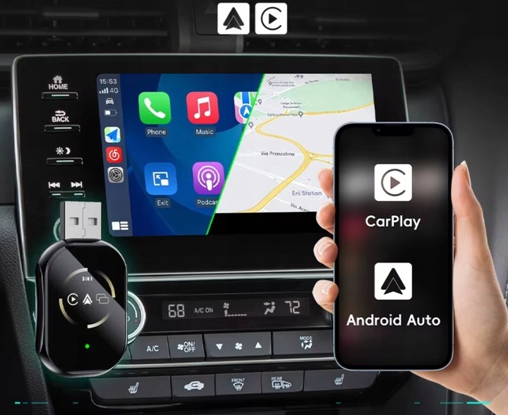 BEZPRZEWODOWY ADAPTER SAMOCHODOWY ANDROID AUTO APPLE CARPLAY 3W1