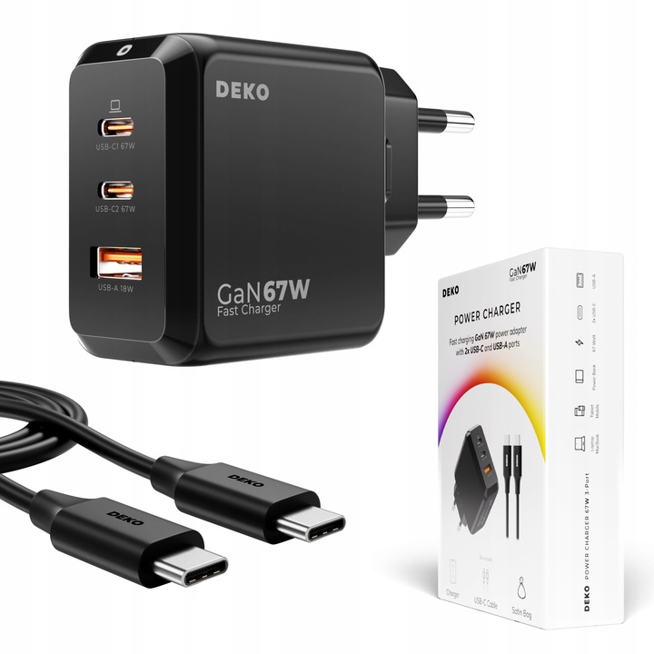 ŁADOWARKA USB C 3x USB 67W 65W TYP C UNIWERSALNA CZARNA + KABEL USB C 100W