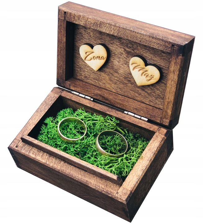 DREWNIANE PUDEŁKO NA OBRĄCZKI BRĄZOWE MECH ŚLUB