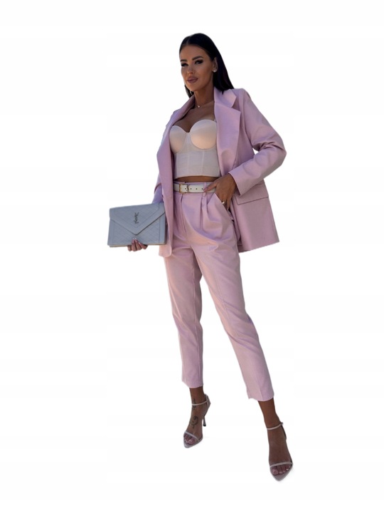 KOMPLET DAMSKI ELEGANCKI GARNITUR ŻAKIET I SPODNIE KLASYCZNY RÓŻOWY M