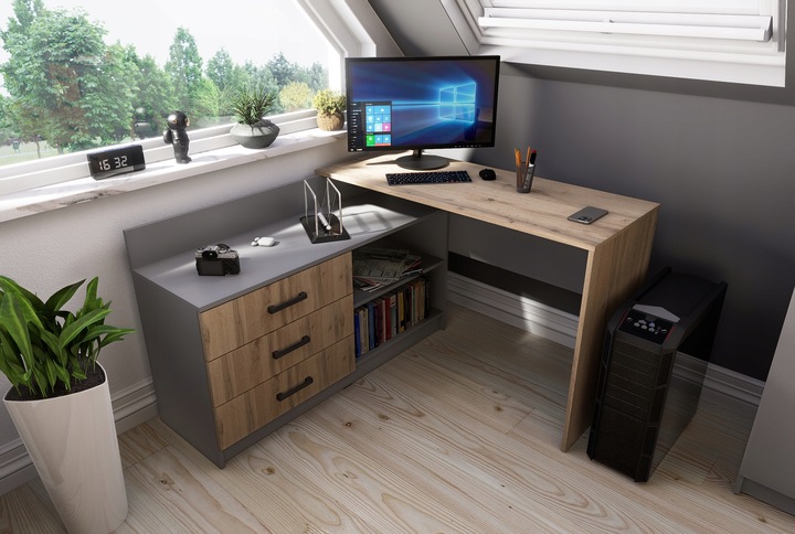 Funkcjonalne biurko narożne Omega - 3 szuflady - grafit / dąb artisan