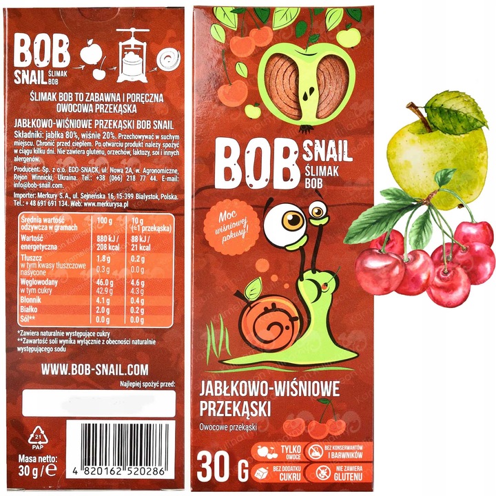 ŚLIMAK BOB SNAIL PRZEKĄSKA bez cukru glutenu 30G MIX SMAKÓW x 8szt 0,24KG