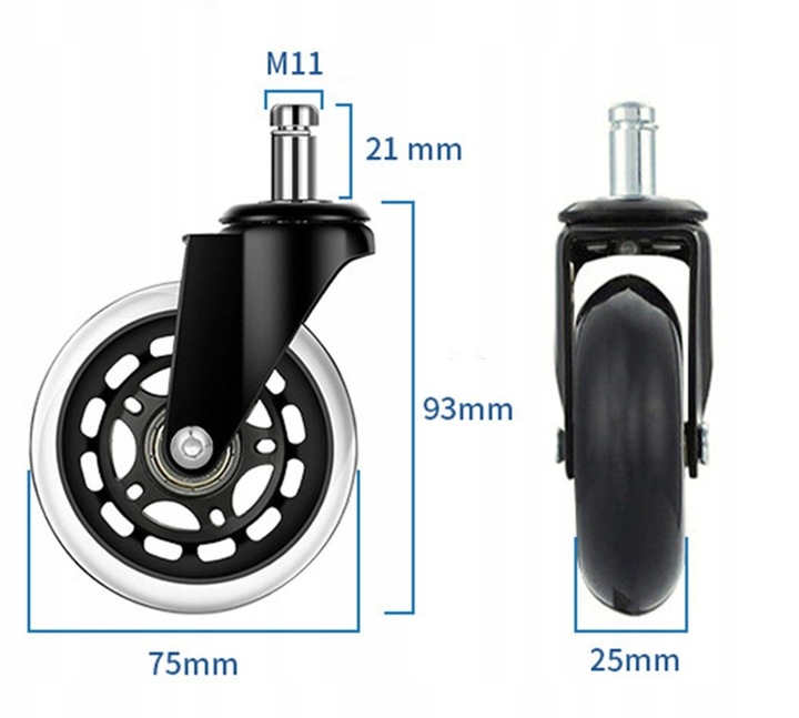 Kółka Poliuretanowe 75mm Łożyskowane - Fotel Biurowy/Gaming, Ochrona