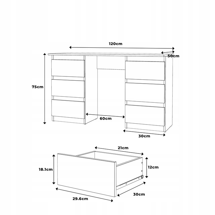 Biurko Białe 120cm Biurko szkolne 6 szuflad Stolik dla dziecka