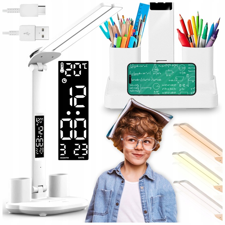 PODWÓJNA LAMPKA BIURKOWA LED Z ORGANIZEREM WYŚWIETLACZEM TEMP ZEGAR