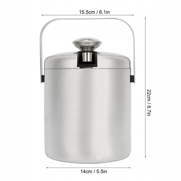 POJEMNIK NA LÓD z pokrywką DUŻE WIADERKO do lodu ZE STALI NIERDZEWNEJ 1.3l