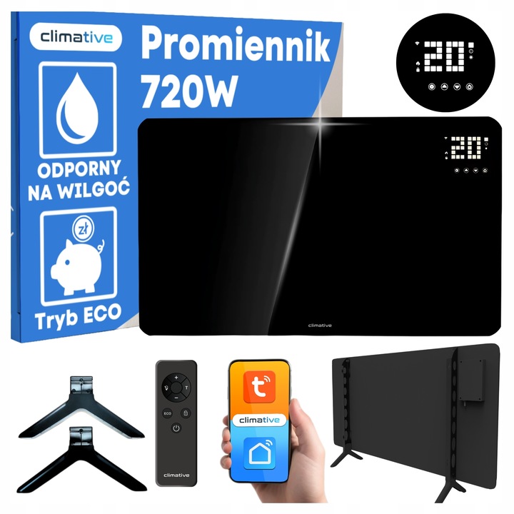 Szklany grzejnik na podczerwień promiennik PrimeHeat 720W WiFi Tuya