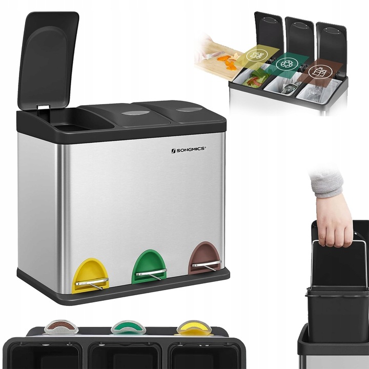 Kosz na śmieci odpady METALOWY 3 KOMORY do segregacji recykling 24l srebrny