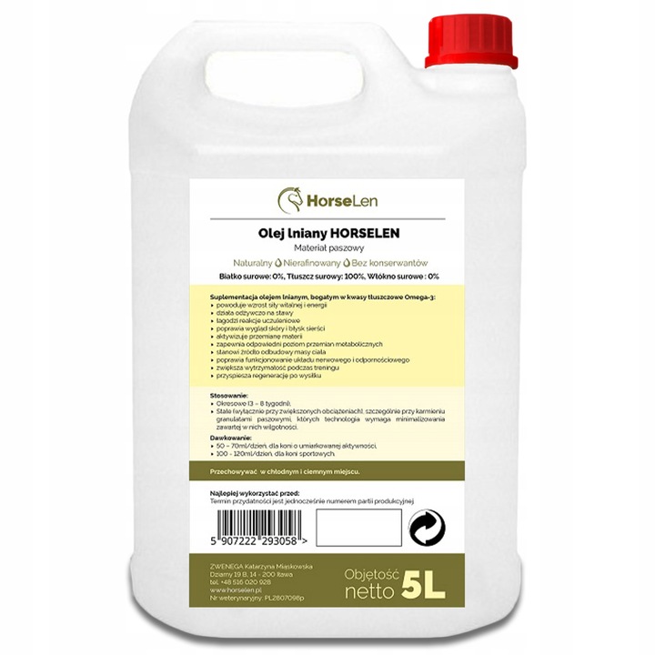 Olej Lniany dla koni, Pasza dla koni, Suplement 5L + mydło