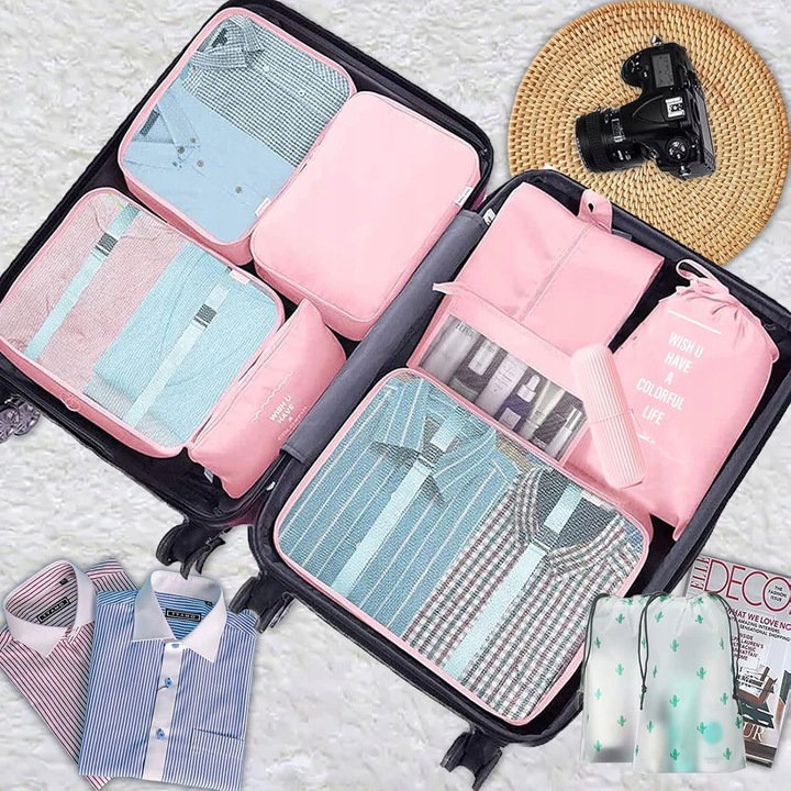 ZESTAW ORGANIZERÓW ORGANIZER PODRÓŻNY WALIZKI SZAFA UBRAŃ KOMPLET 8szt RÓŻ