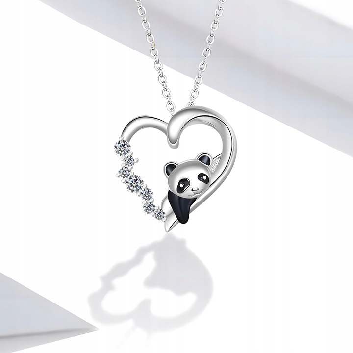 Srebrny Naszyjnik 925 Serduszko z Pandą Serce z Cyrkoniami bff Panda SREBRO