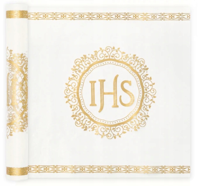 BIEŻNIK KOMUNIJNY,DEKORACJA STOŁU ZŁOTY IHS I KOMUNIA 5m